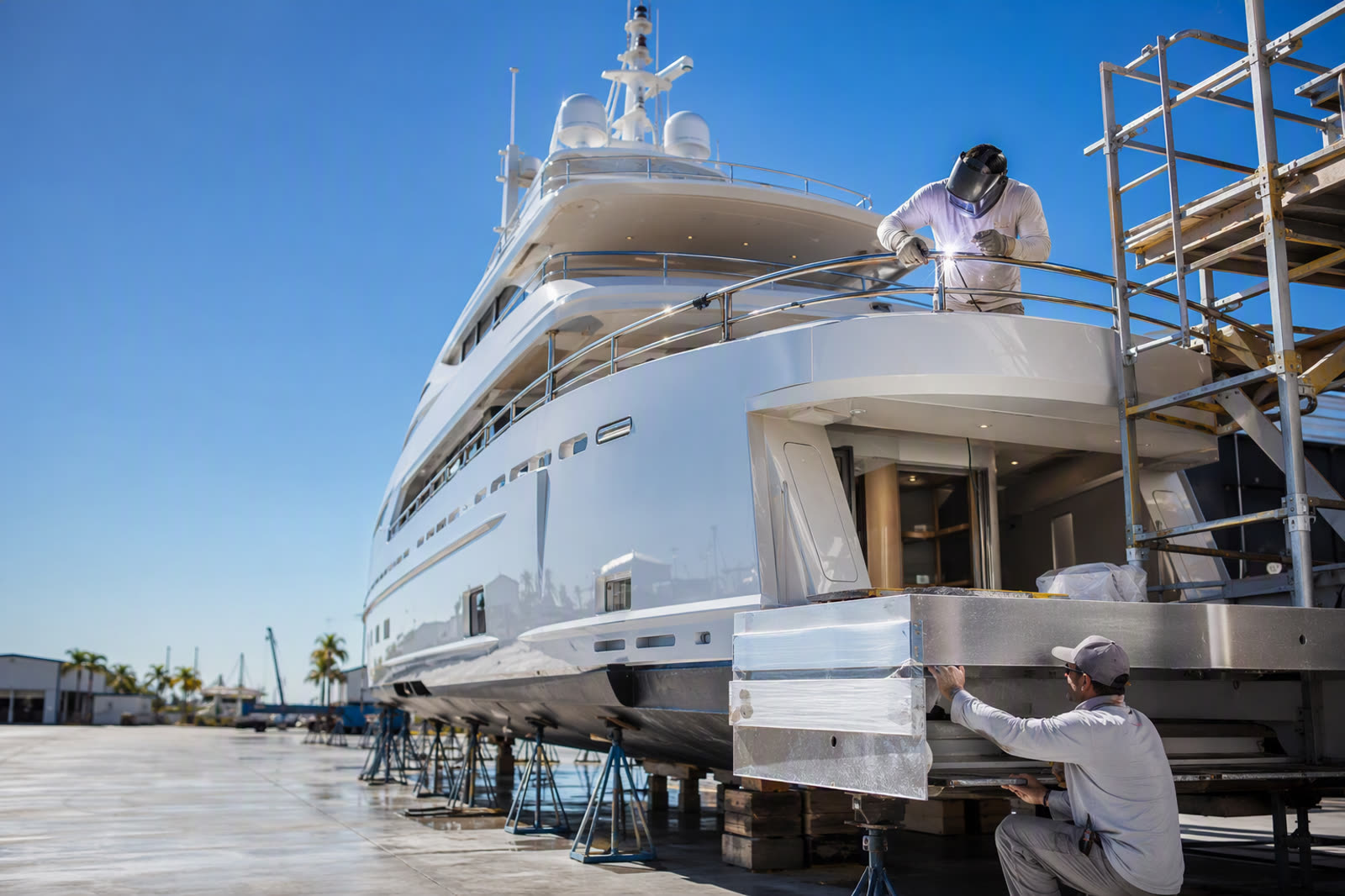 Superyacht hull on stands in a sunlit Fort Lauderdale refit yard, with fabricators welding a polished stainless deck railing and fitting a brushed stainless swim platform at the transom