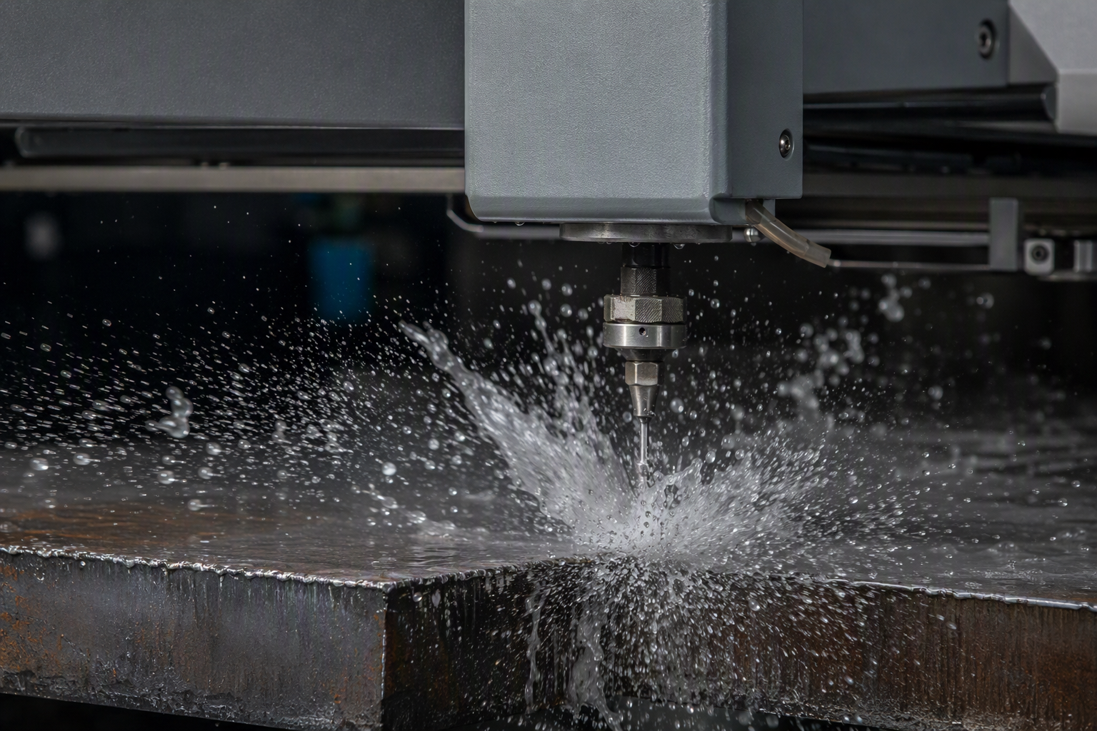 CNC waterjet cutting machine slicing a thick steel plate with a bright water plume